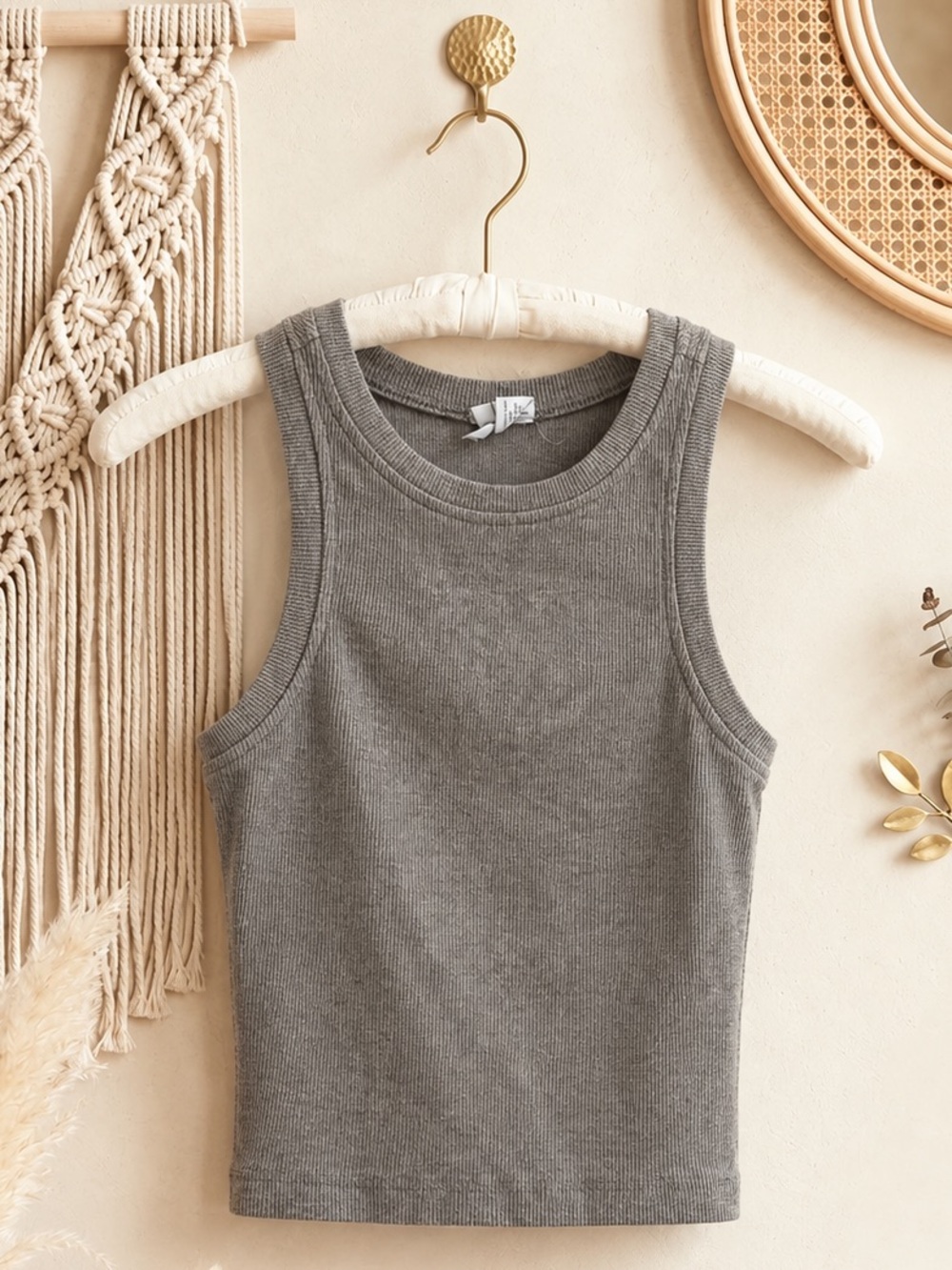 Tilly's Gray/brown Ribbed Tank Top - Sleeveless Crop Style